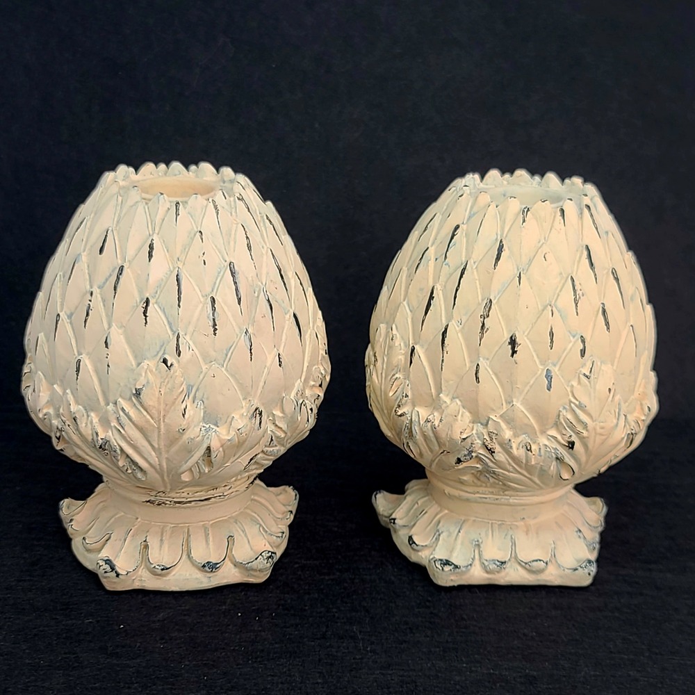 Artichoke Candle Holder Set 5"x3.5" Taper Cream Distressed Farmhouse Decor Pair